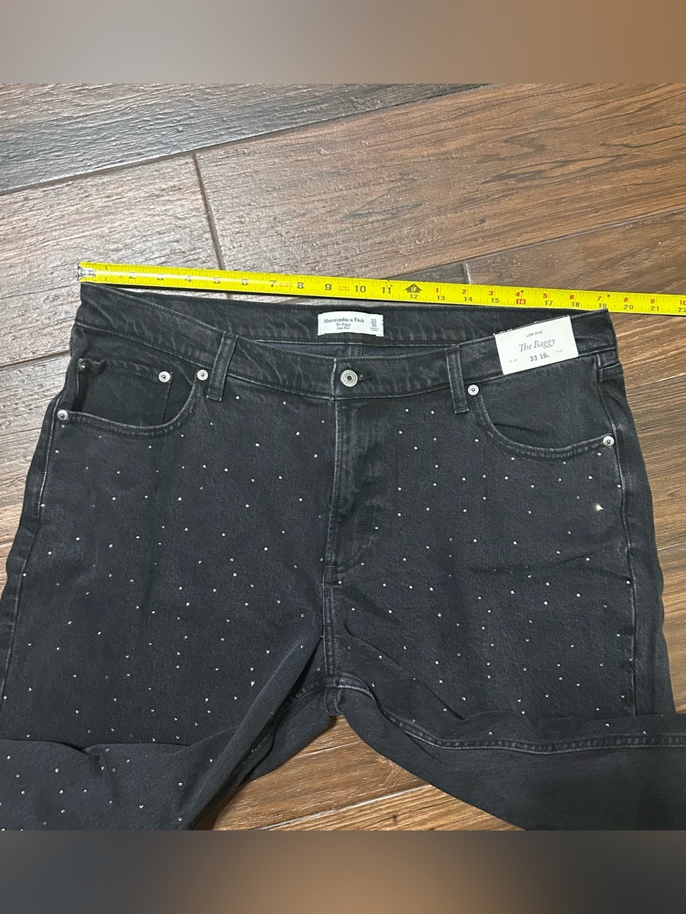 33L 16L Abercrombie & Fitch The Baggy Low Rise Jeans Embellished Black Wash - Picture 3 of 9